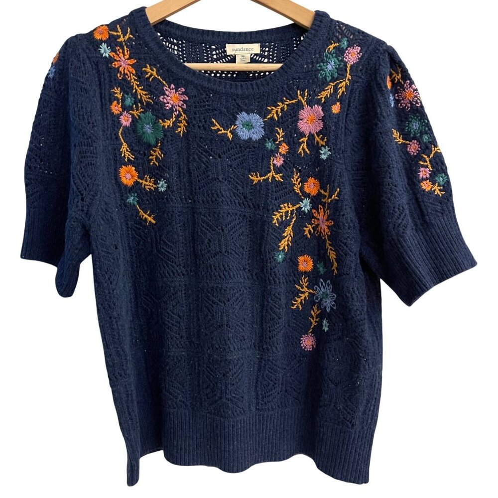 Sundance Womens Embroidered Floral Knit Sweater XL Cottagecore Boho Artsy